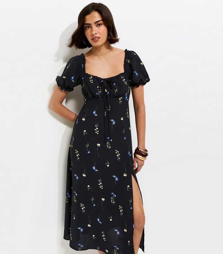 black ditsy print milkmaid midi dress missguided milkmaid mini dress in black ditsy floral