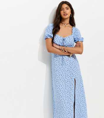 Blue Polka Dot Print Milkmaid Midi Dress