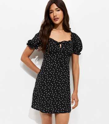 Black Spot Print Milkmaid Mini Dress