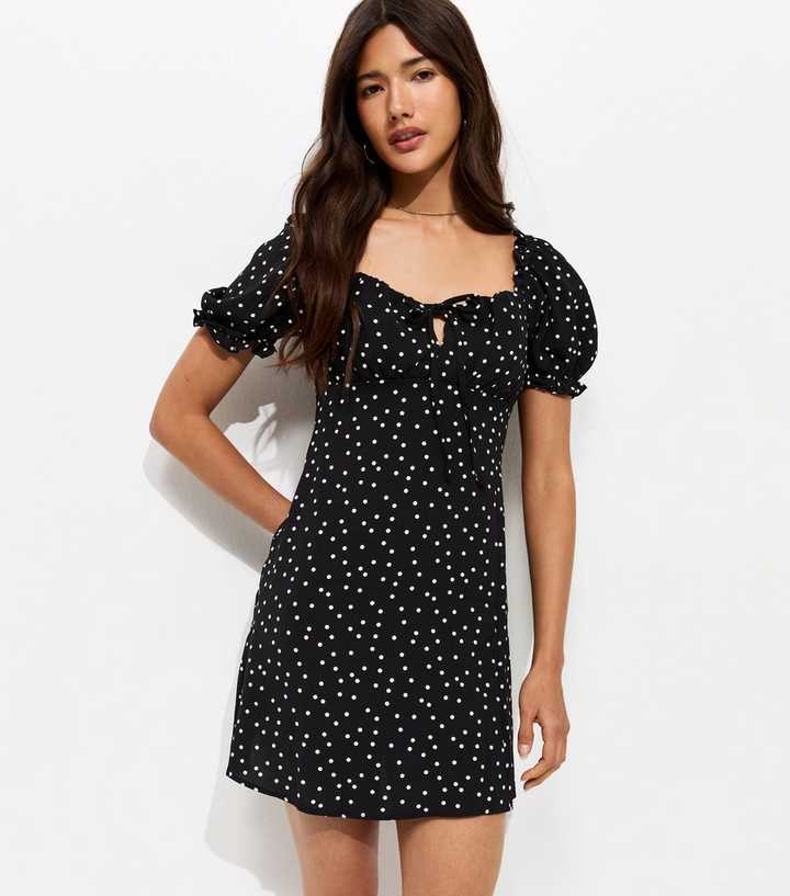 Black Spot Print Milkmaid Mini Dress