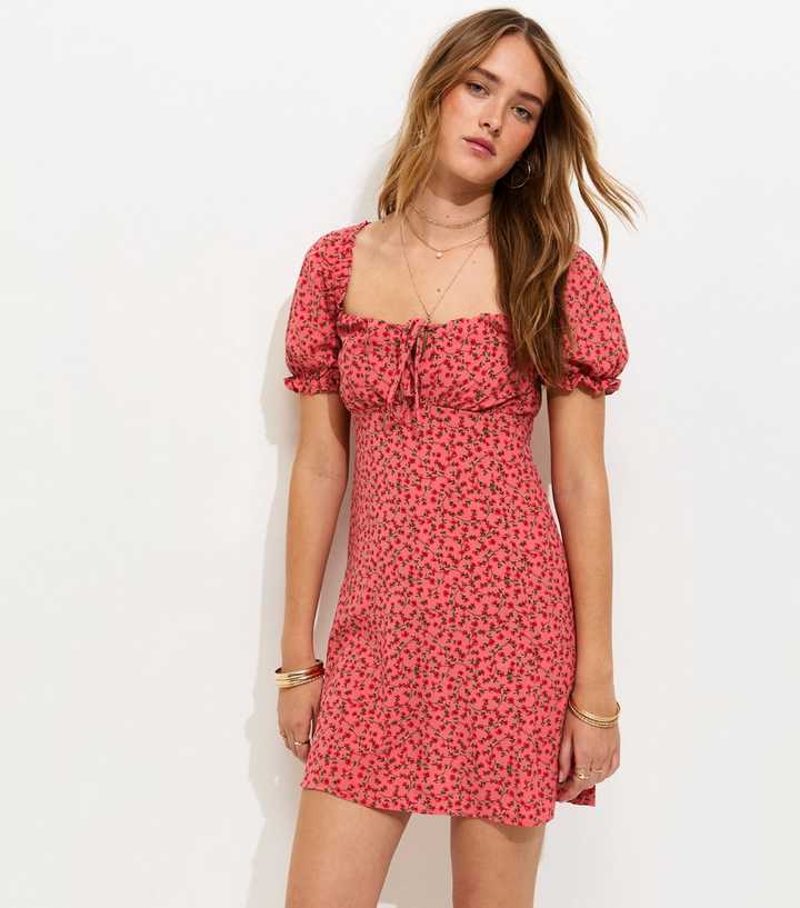 Red Floral Print Milkmaid Mini Dress