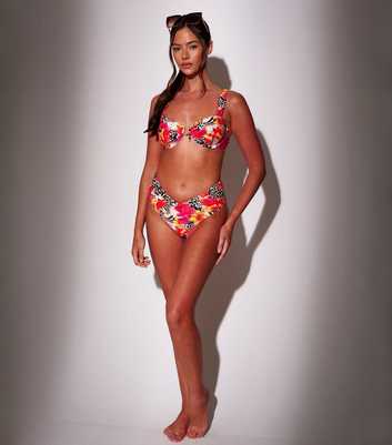 South Beach Orange Leopard Print Floral Bikini Top