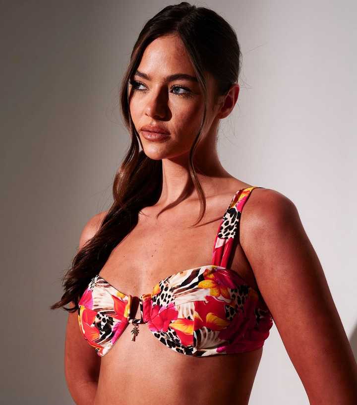 South Beach Orange Leopard Print Floral Bikini Top