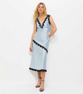 Blue Satin Lace Trim Sleeveless Midi Dress