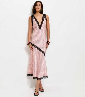 Pink Satin Lace Trim Sleeveless Midi Dress
