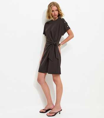 Dark Brown Ribbed Faux Button Twist Mini Dress