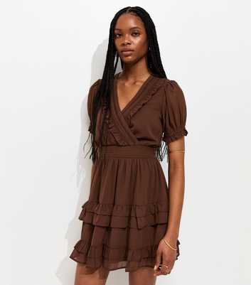 Brown Ruffle Trim V-Neck Short Sleeve Mini Dress