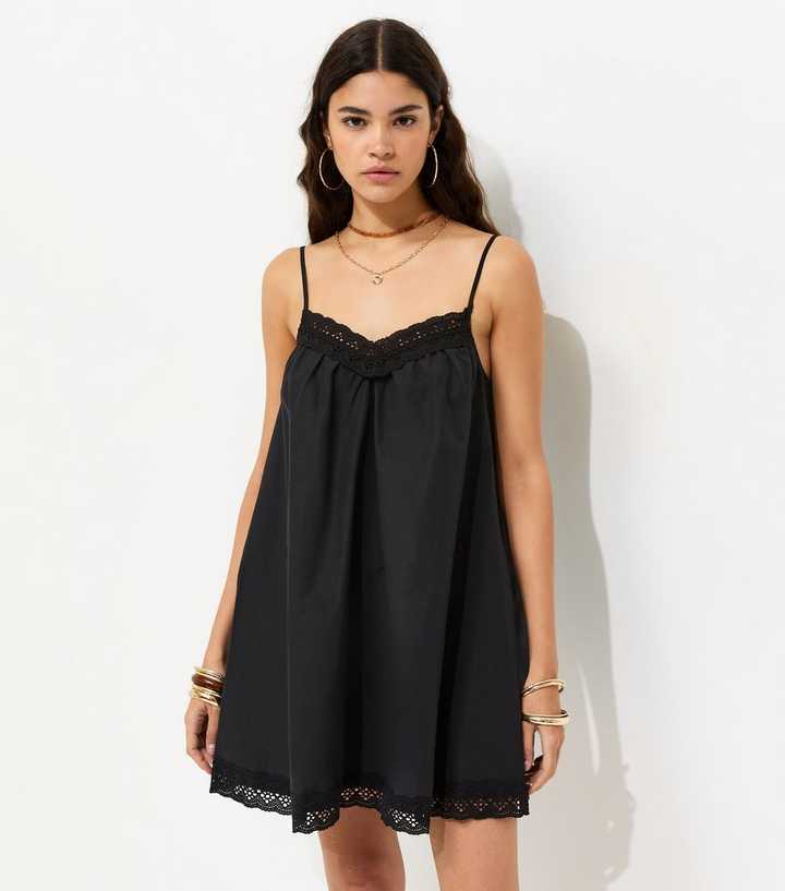 Black Cotton Rich Lace Trim Strappy Smock Mini Dress