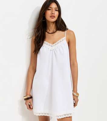 White Cotton Rich Lace Trim Strappy Smock Mini Dress