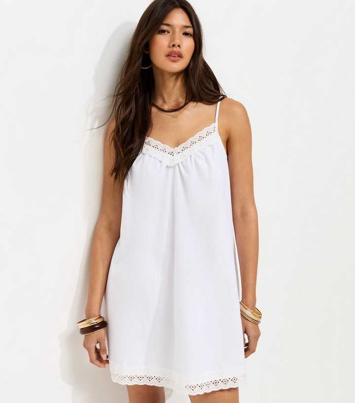 White Cotton Rich Lace Trim Strappy Smock Mini Dress