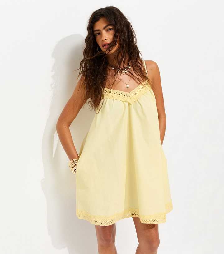 Light Yellow Cotton Rich Lace Trim Strappy Smock Mini Dress