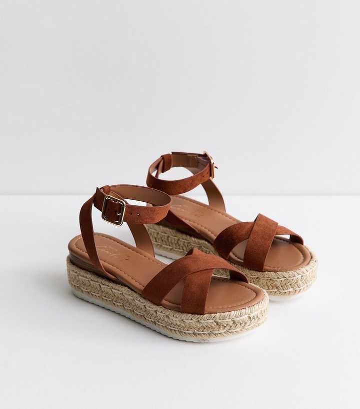 Rust Brown Faux Suede Crossover Strap Flatform Sandals