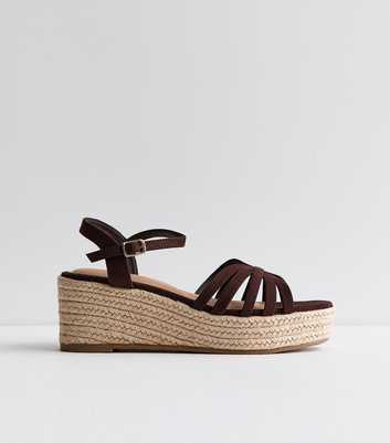 Wide Fit Brown Faux Suede Cage Strap Wedge Sandals