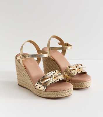 Gold Faux Leather Threaded Bow Wedge Sandals
