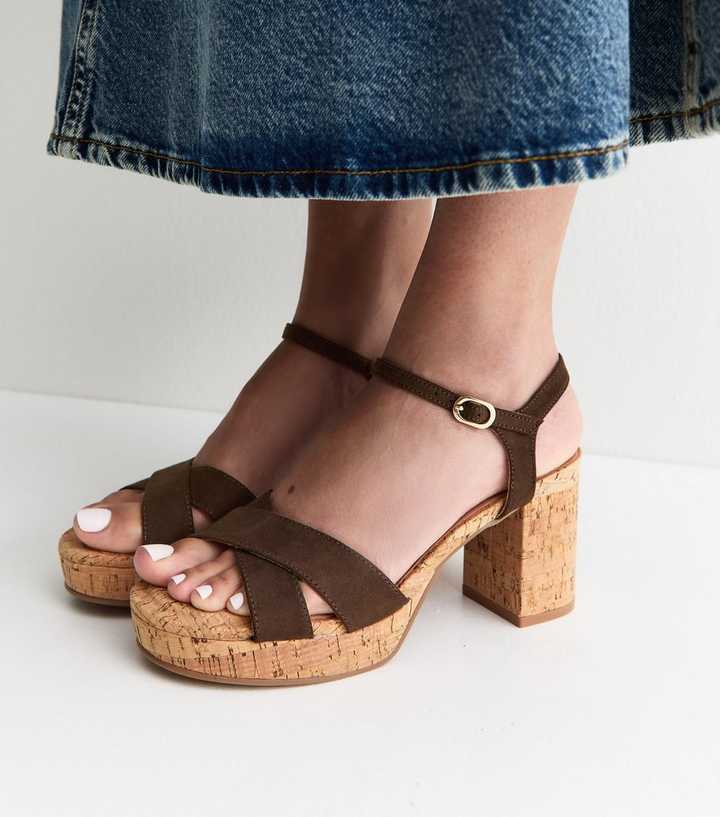 Brown Faux Suede Cork Platform Sandals