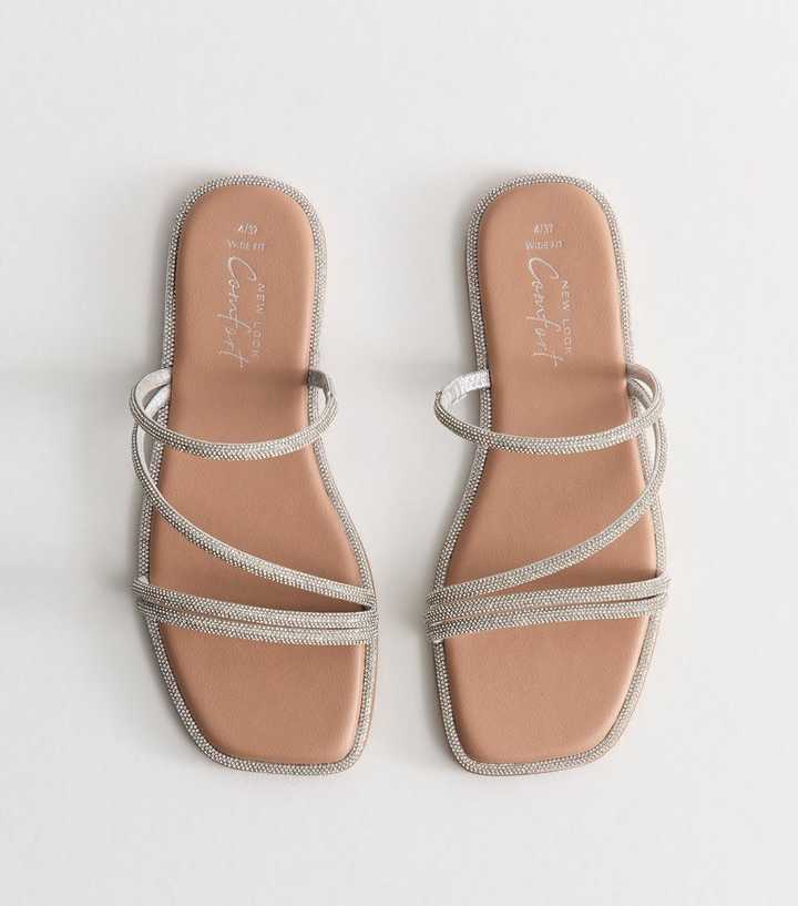 Wide Fit Silver Multi Strap Diamanté Embellished Sandals