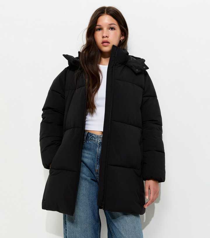 Girls Black Regular Long Line Puffer Jacket