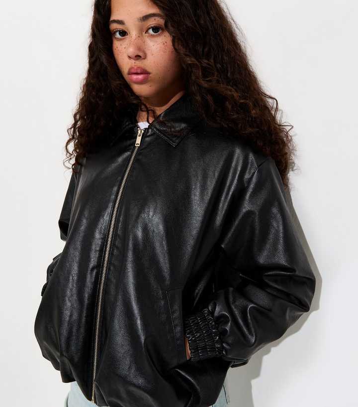 Girls Black Faux Leather Bubble Hem Bomber Jacket