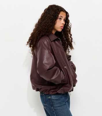 Girls Dark Burgundy Faux Leather Bubble Hem Jacket