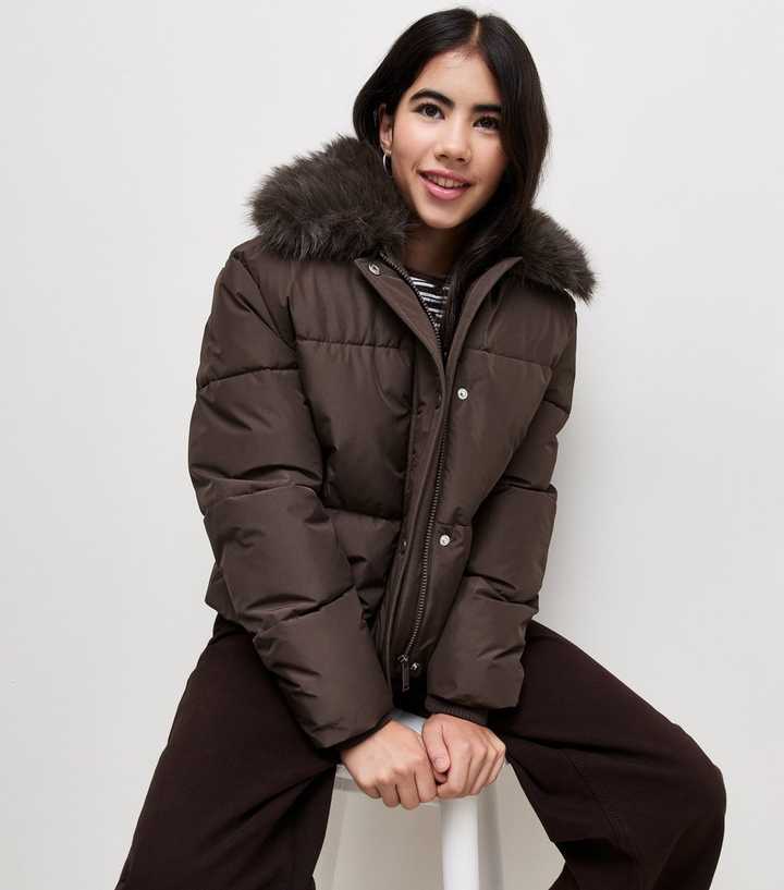 Girls Dark Brown Faux Fur Trim Collar Puffer Jacket