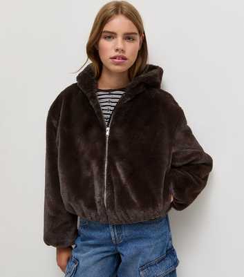 Girls Dark Brown Faux Fur Bomber Jacket