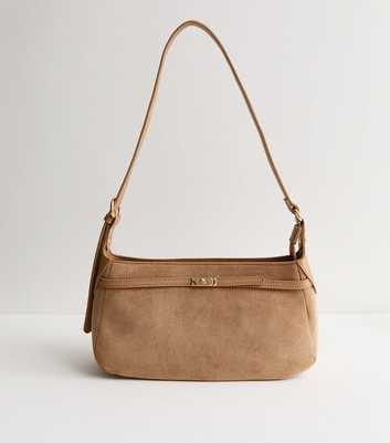 Camel Faux Suede Belted Turn Lock Shoulder Bag