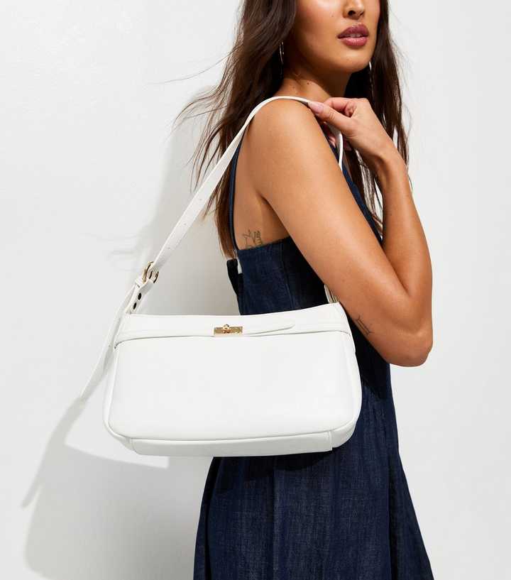 White Faux Leather Turn Lock Shoulder Bag