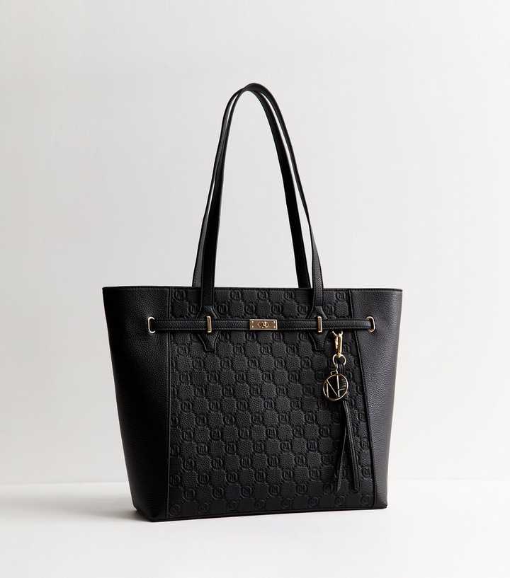 Black Faux Leather Embossed Monogram Tote Bag