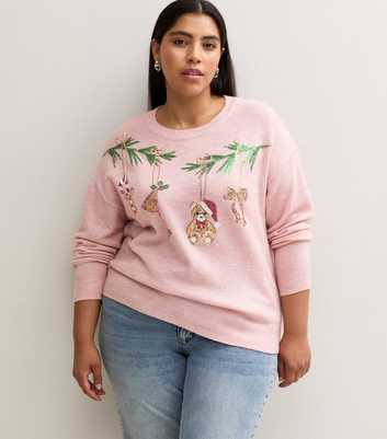 Curves Pink Knitted Sequin Embellished Christmas Jumper