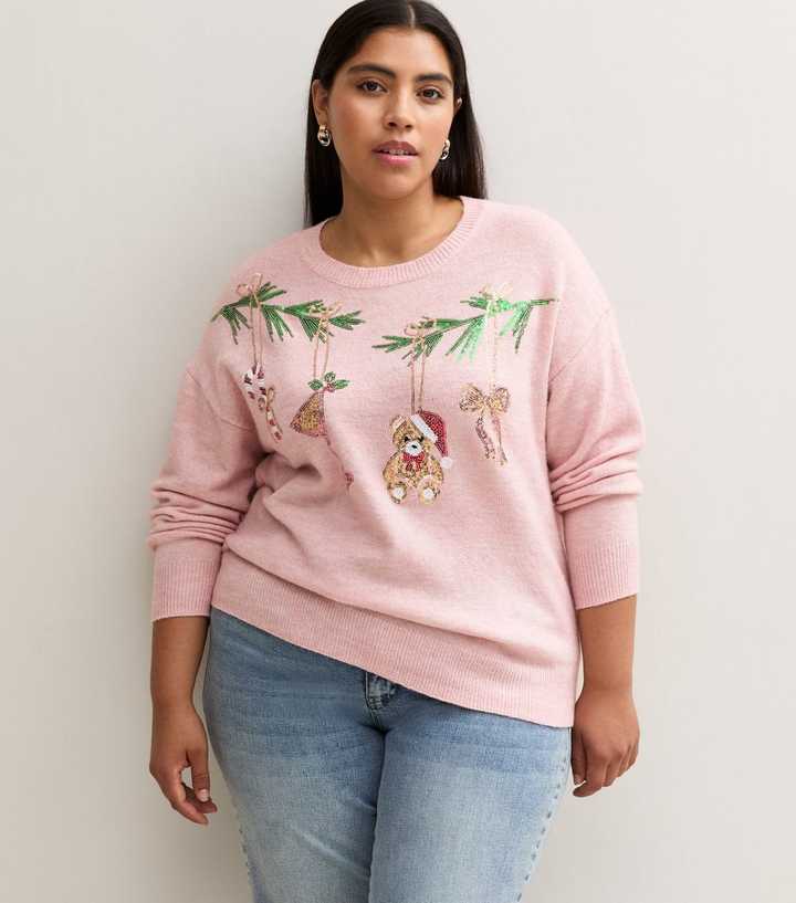 Curves Pink Knitted Sequin Embellished Christmas Jumper