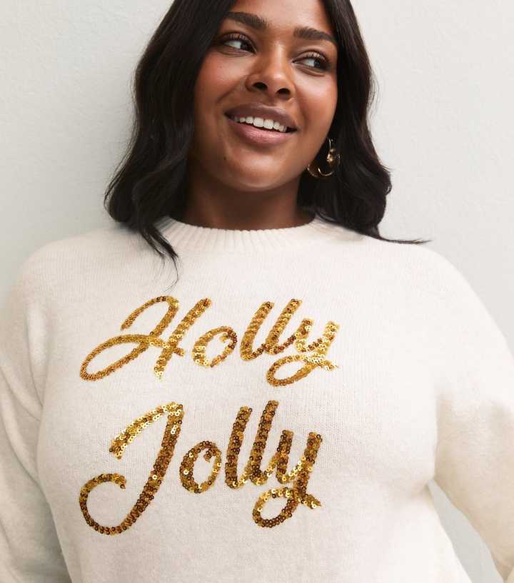 Curves Cream Sequin Holly Jolly Jumper