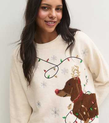 Cream Christmas Dog Lights Knitted Jumper