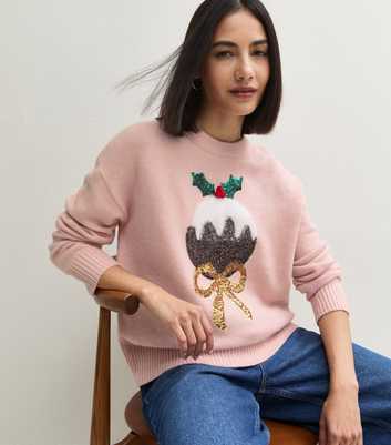 Pink Xmas Sequin Pudding Crew Neck Jumper