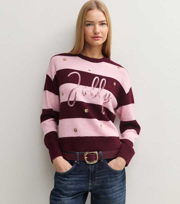 Pink Sequin Jolly Striped Crew Neck Jumper