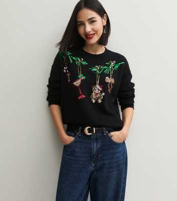 Black Xmas Sequin Bauble Crew Neck Jumper