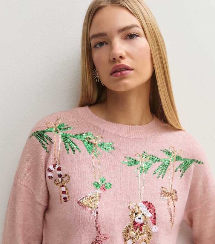 Pink Christmas Sequin Bauble Crew Neck Jumper