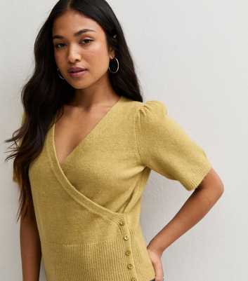 Petite Green Button Detail Short Sleeve Wrap Effect Jumper