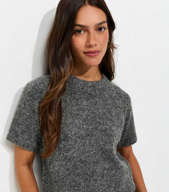 Petite Dark Grey Brushed Knit Short Sleeve Top