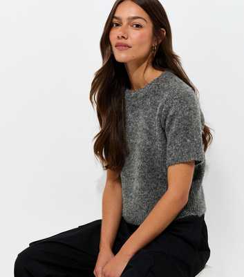 Petite Dark Grey Brushed Knit Short Sleeve Top