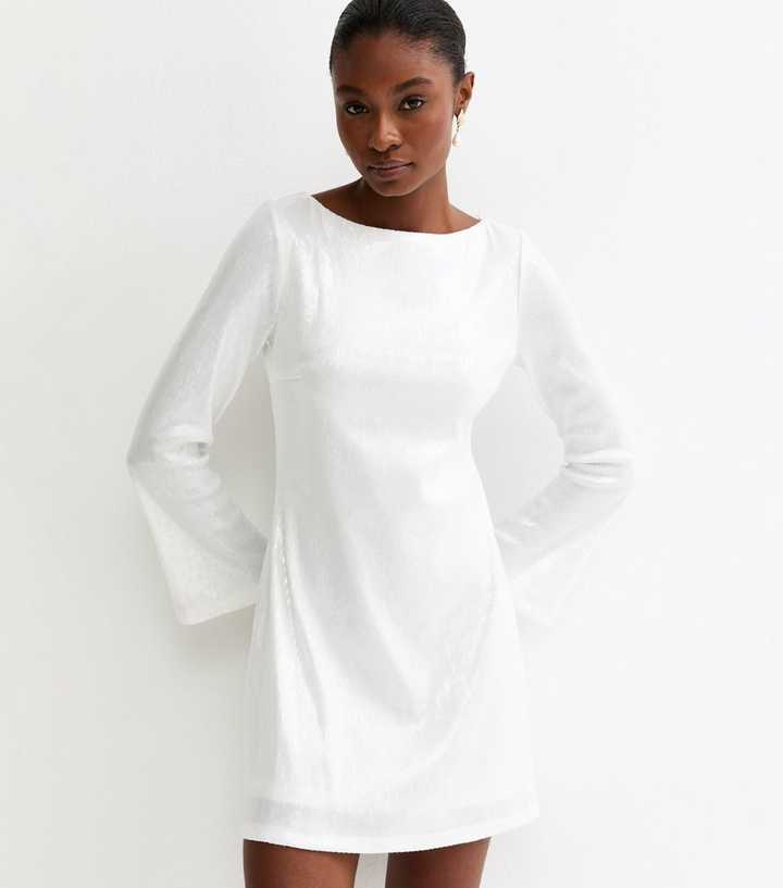 White Sequinned Long Sleeve Mini Dress