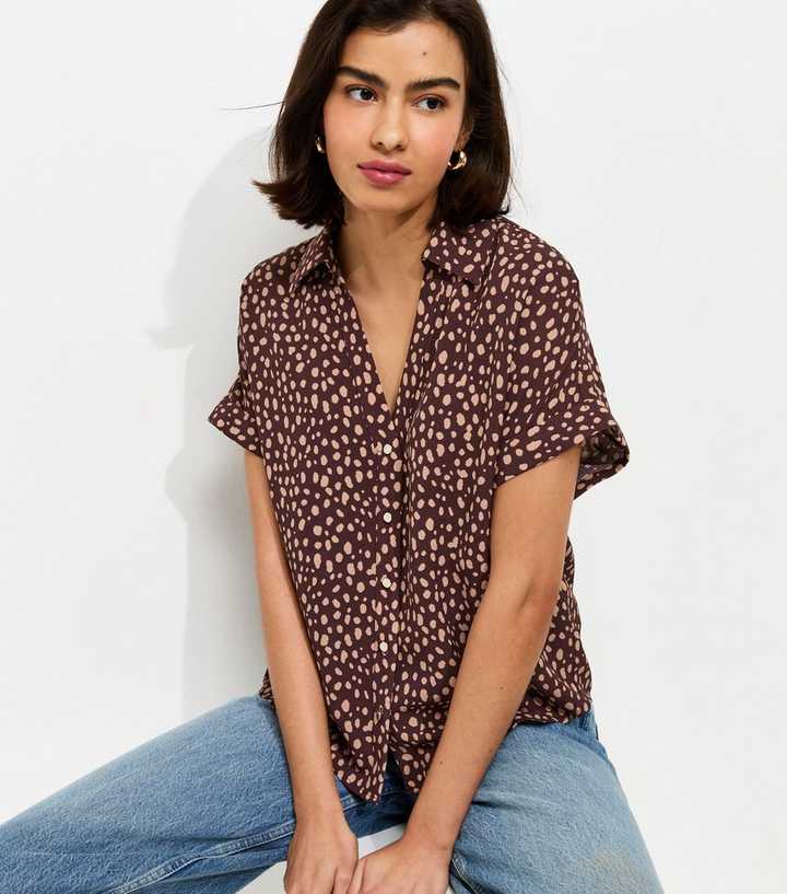 Brown Relaxed Spot Print Short Sleeve Shirt