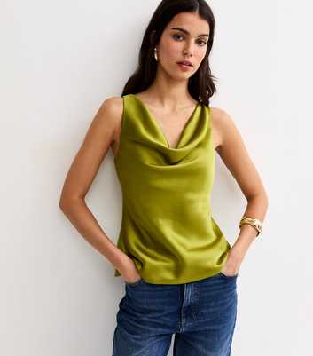 Green Satin Cowl Neck Cami Top