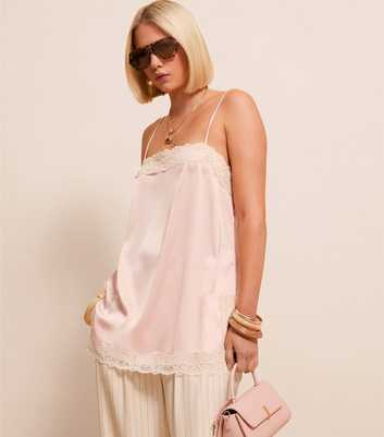 Pink Satin Lace Trim Longline Cami Top