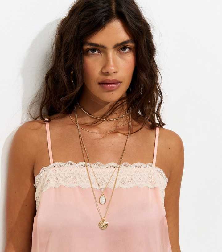 Pink Satin Lace Trim Longline Cami Top
