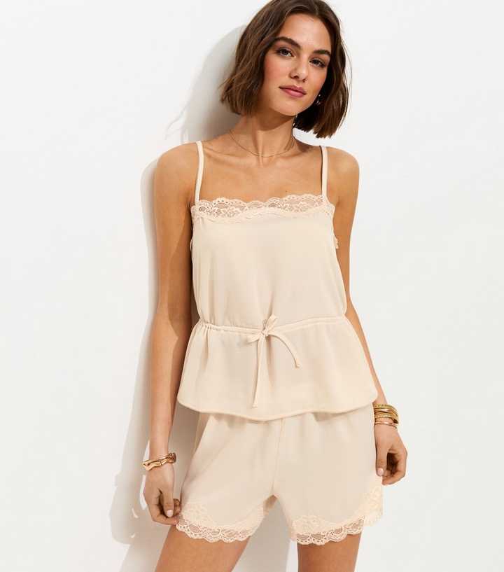 Cream Lace Trim Tie Waist Cami Top
