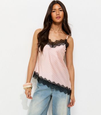 Light Pink Striped Lace Trim Asymmetric Cami Top | New Look