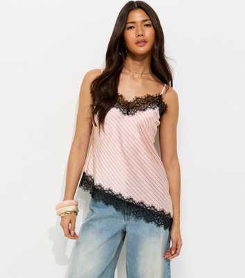 Light Pink Striped Lace Trim Asymmetric Cami Top
