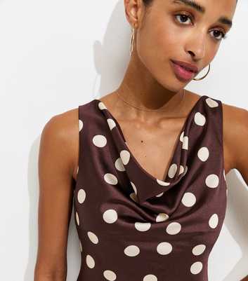 Red Polka Dot Print Satin Sleeveless Cowl Neck Top