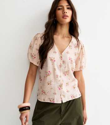 Pink Floral Print Button Front Short Sleeve Blouse