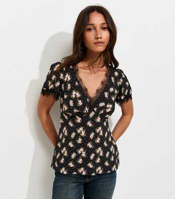 Black Ditsy Floral Lace Trim Tea Blouse
